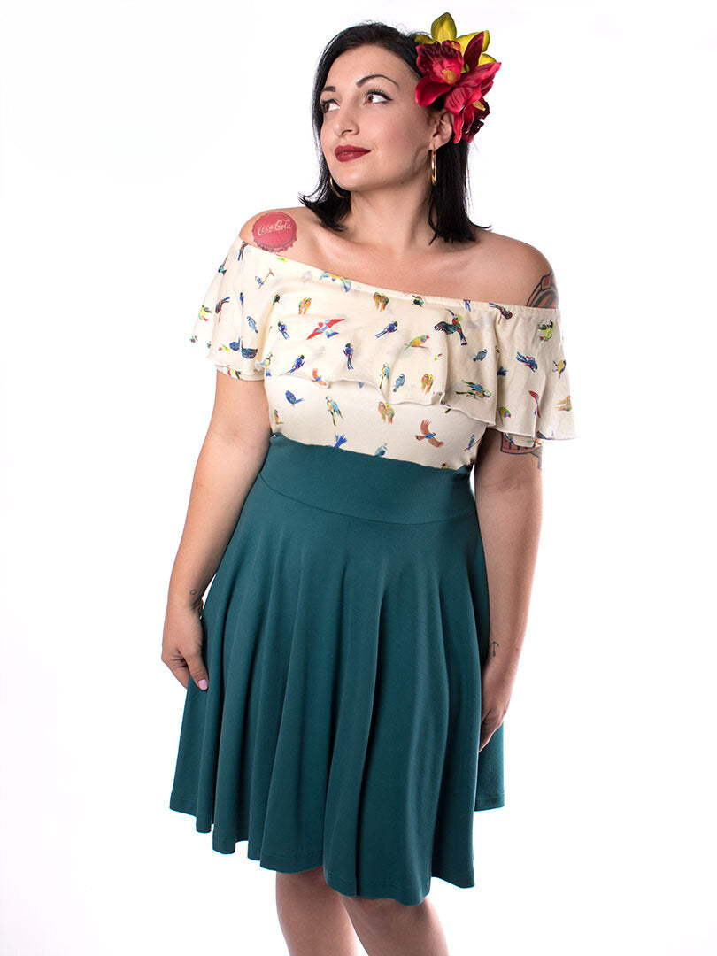 Jersey Carmen Swing Kleid mit Papageien Rockabilly