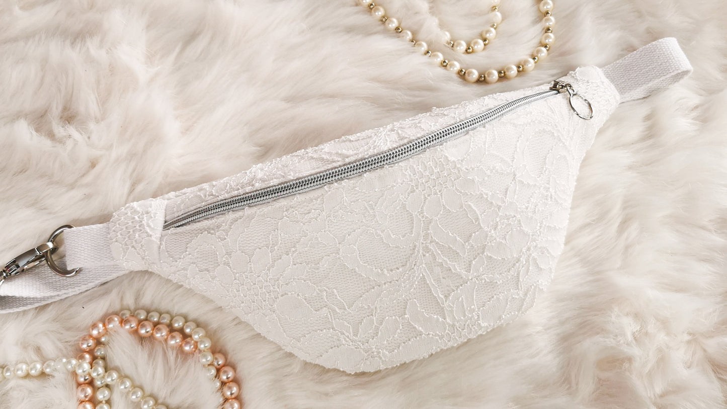 Braut Hipbag Bauchtasche Cross Body Bag Weiß Elfenbein Spitze Silber oder Gold