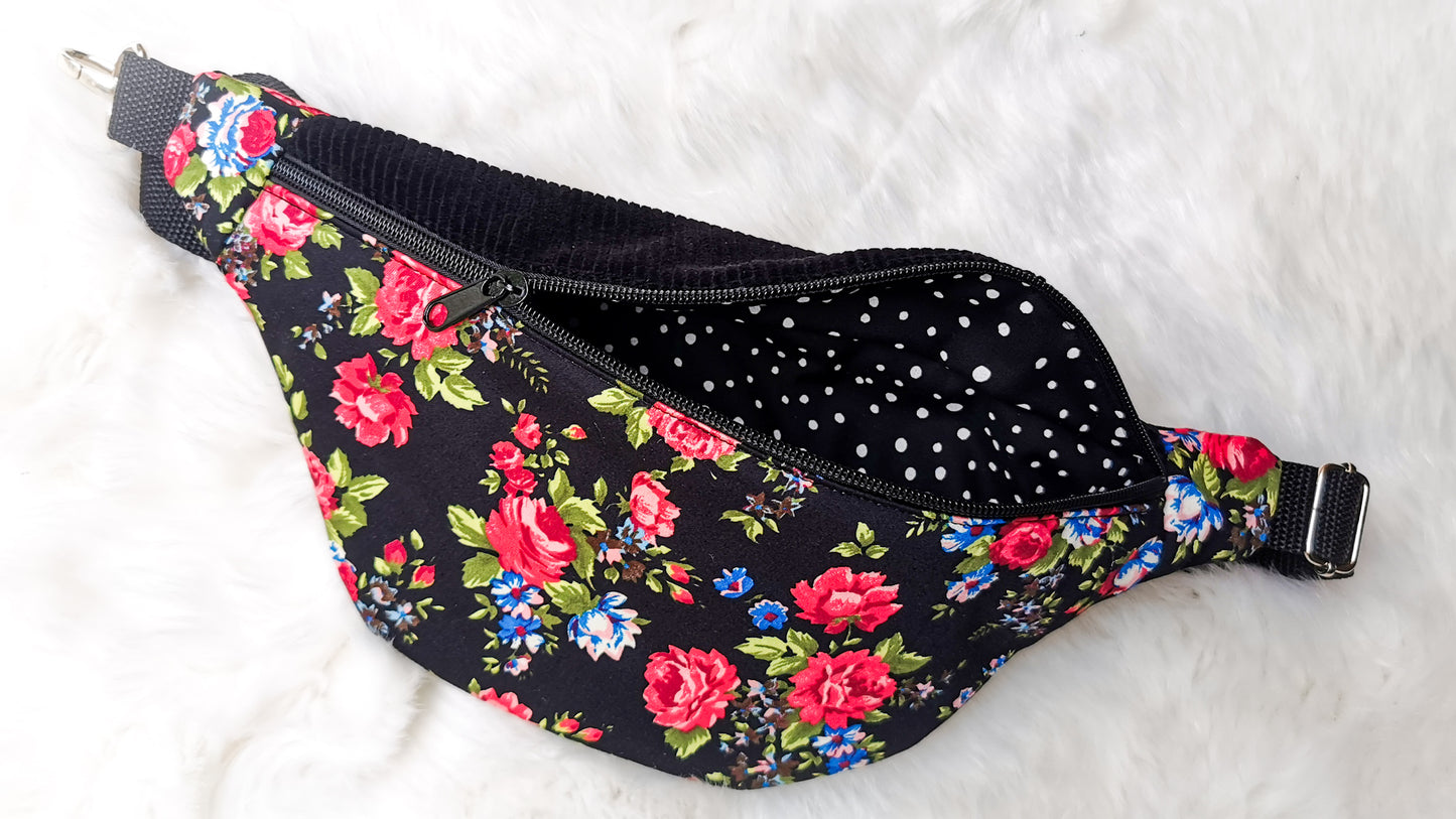 Schwarze Cord Bauchtasche Cross Body Bag Pink Blumen