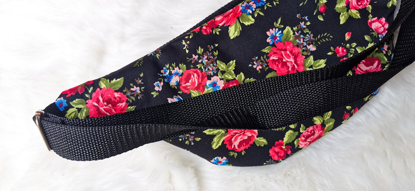 Schwarze Cord Bauchtasche Cross Body Bag Pink Blumen