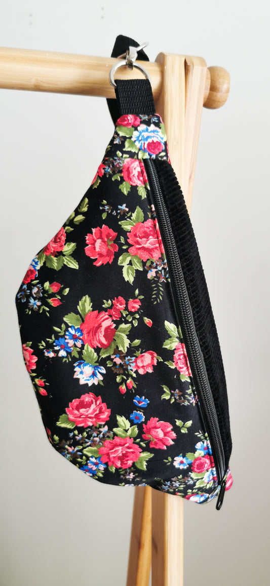 Schwarze Cord Bauchtasche Cross Body Bag Pink Blumen