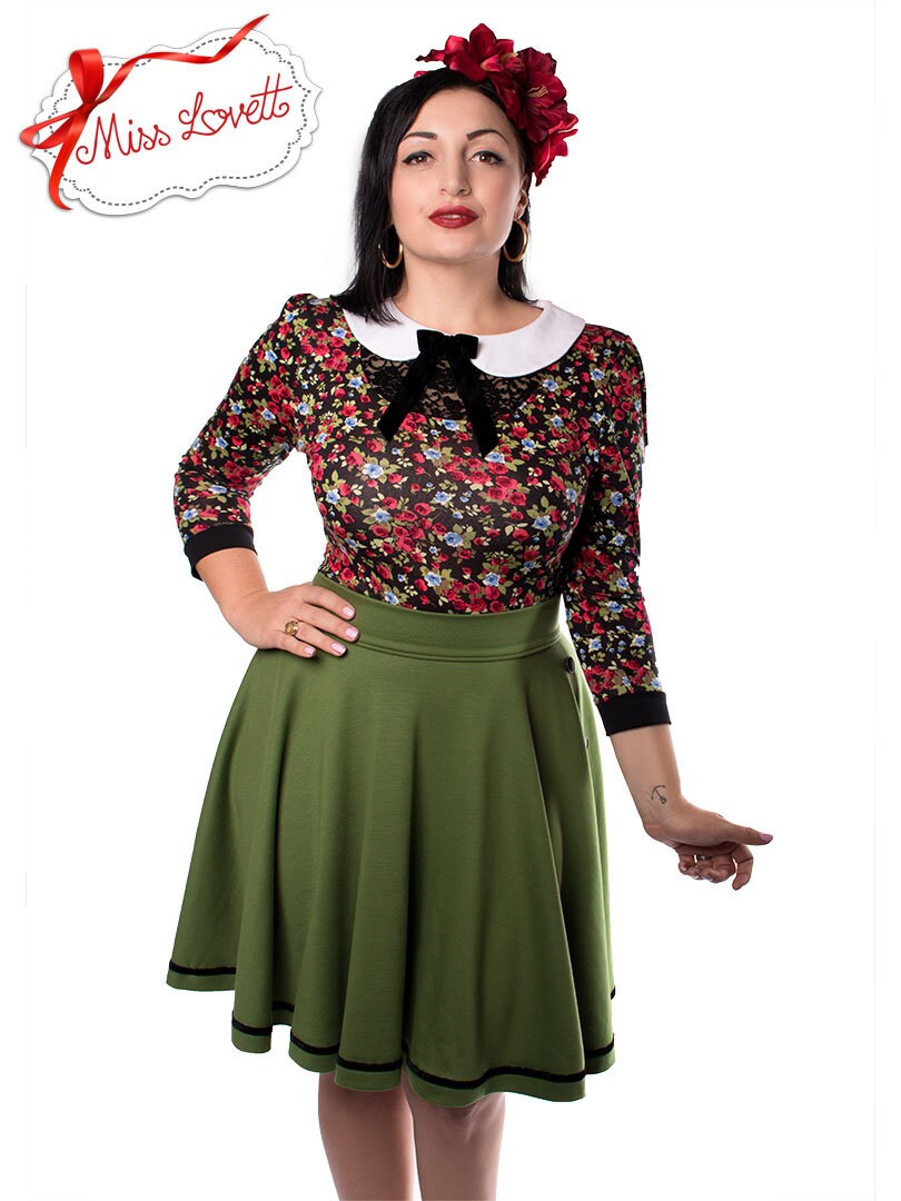 Blumiges Rockabilly Shirt mit Bubikragen & Schleife