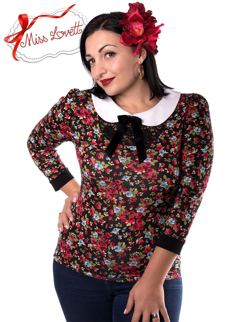 Blumiges Rockabilly Shirt mit Bubikragen & Schleife