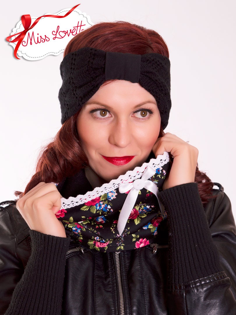 Elastisches Turban Stirnband Grau/Schwarz Kariert