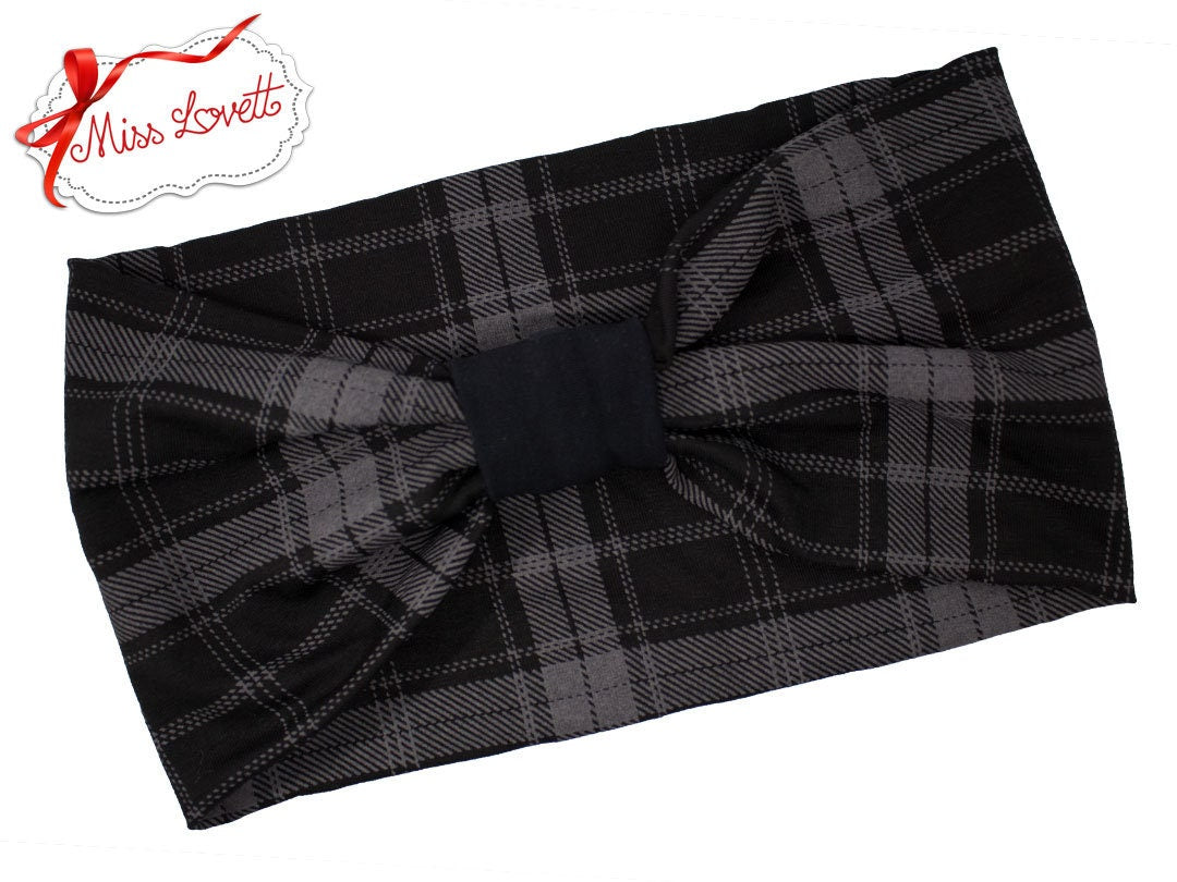 Elastisches Turban Stirnband Grau/Schwarz Kariert