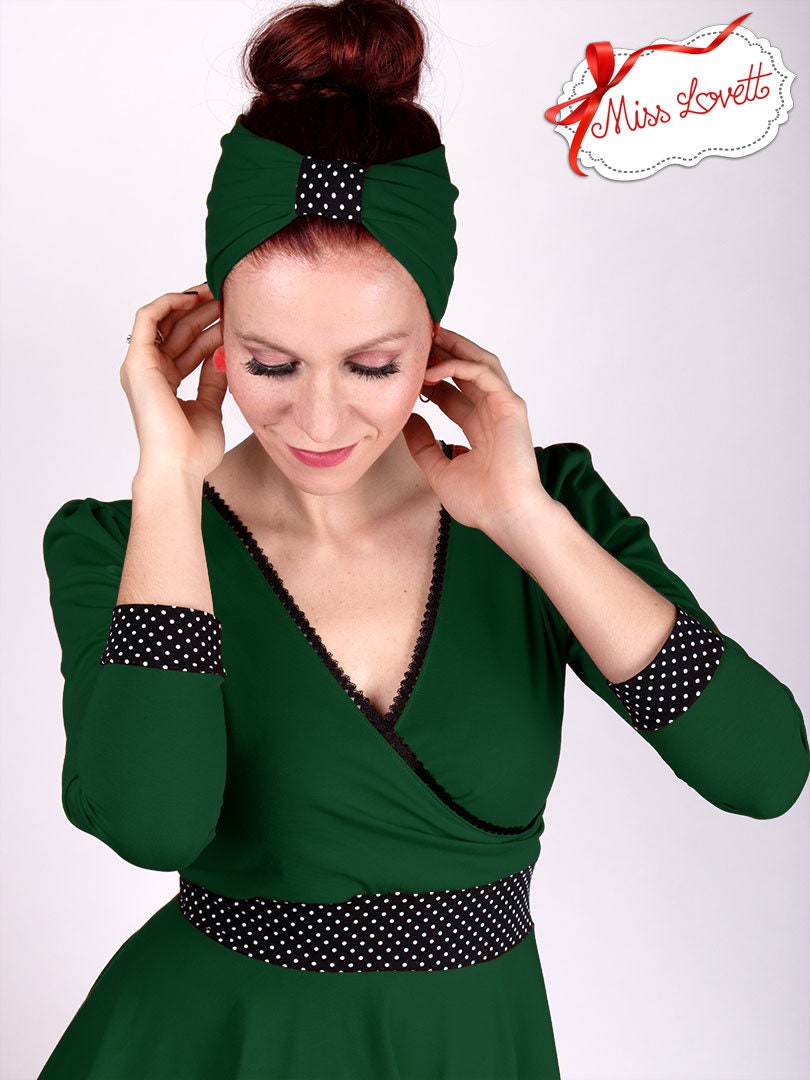 BELLA_38 Retro Rockabilly Turban Headband GREEN/Dots