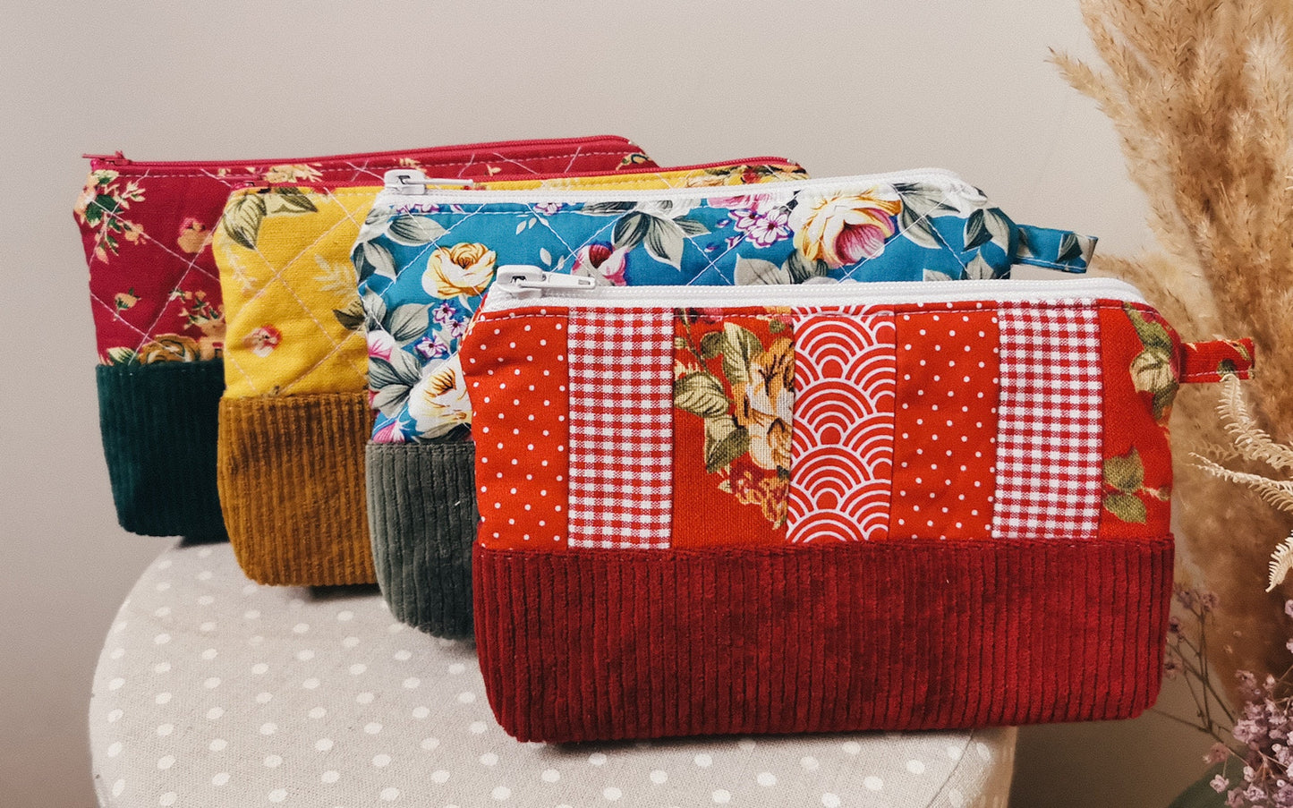 Patchwork Kosmetiktasche Kosmetikbeutel Rosen Dots ROT Cord