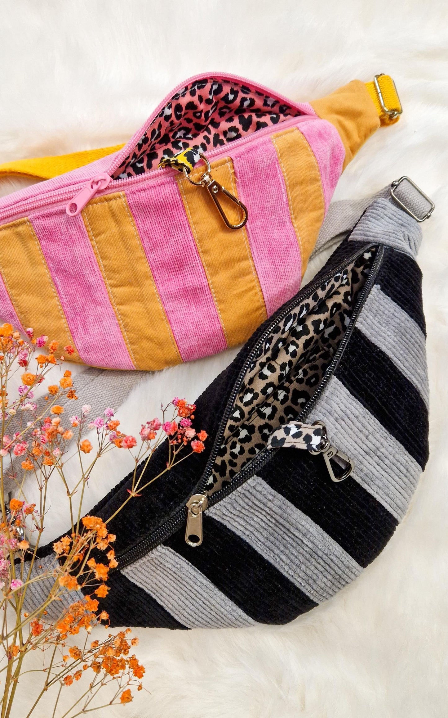 Cord Hipbag Bauchtasche Cross Body Bag Patchwork Streifen Pink/Gelb