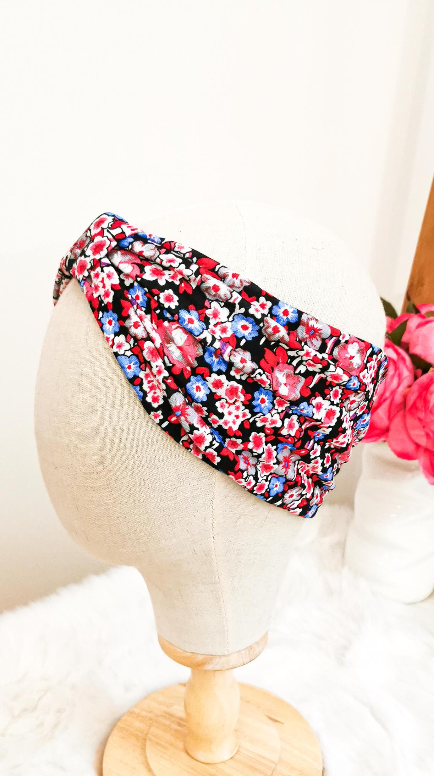 Buntes Retro Turban Stirnband mit Blumen in Koralle, Rot und Blau