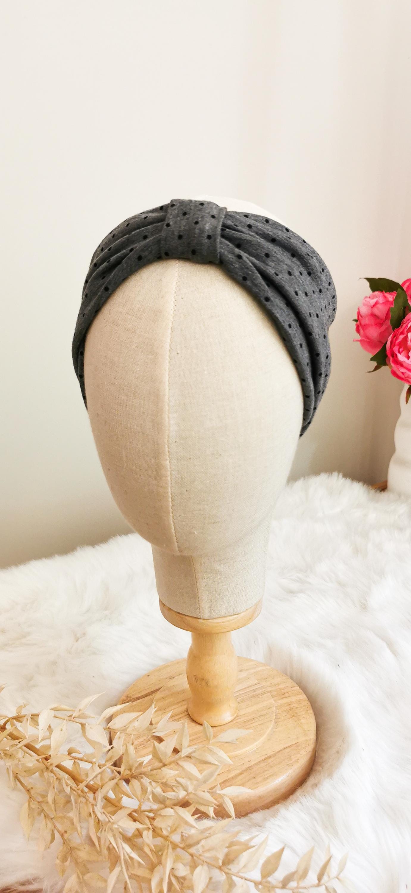 Schlichtes Retro Turban Stirnband Polkadots Grau/Schwarz