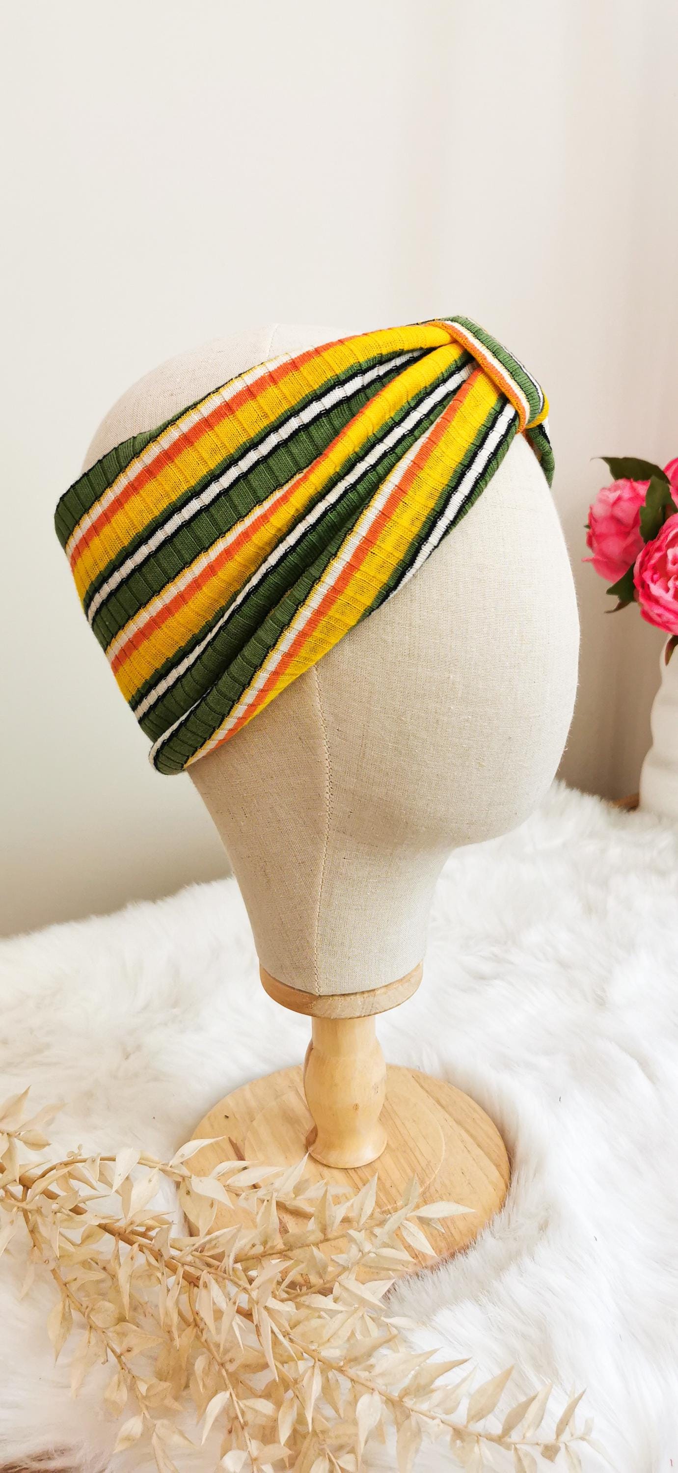 70s Streifen Turban Stirnband Orange/Grün/Weiß Strick