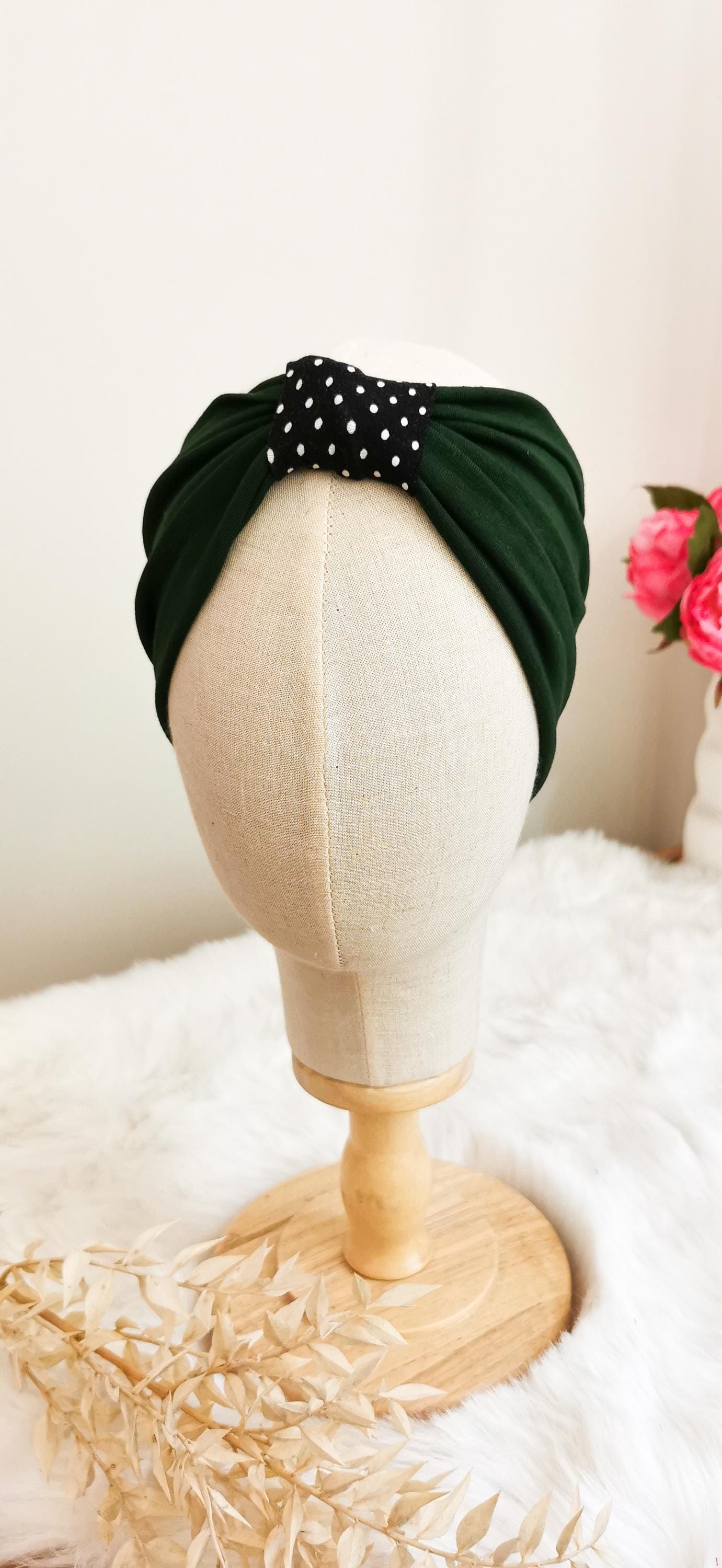 BELLA_38 Retro Rockabilly Turban Headband GREEN/Dots