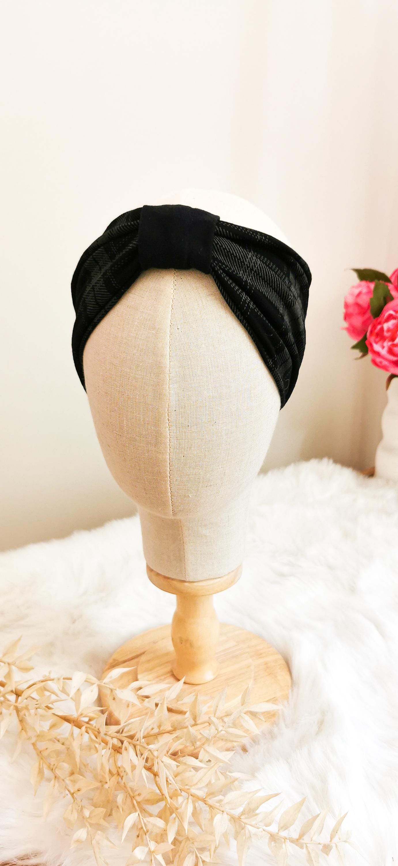 Elastisches Turban Stirnband Grau/Schwarz Kariert