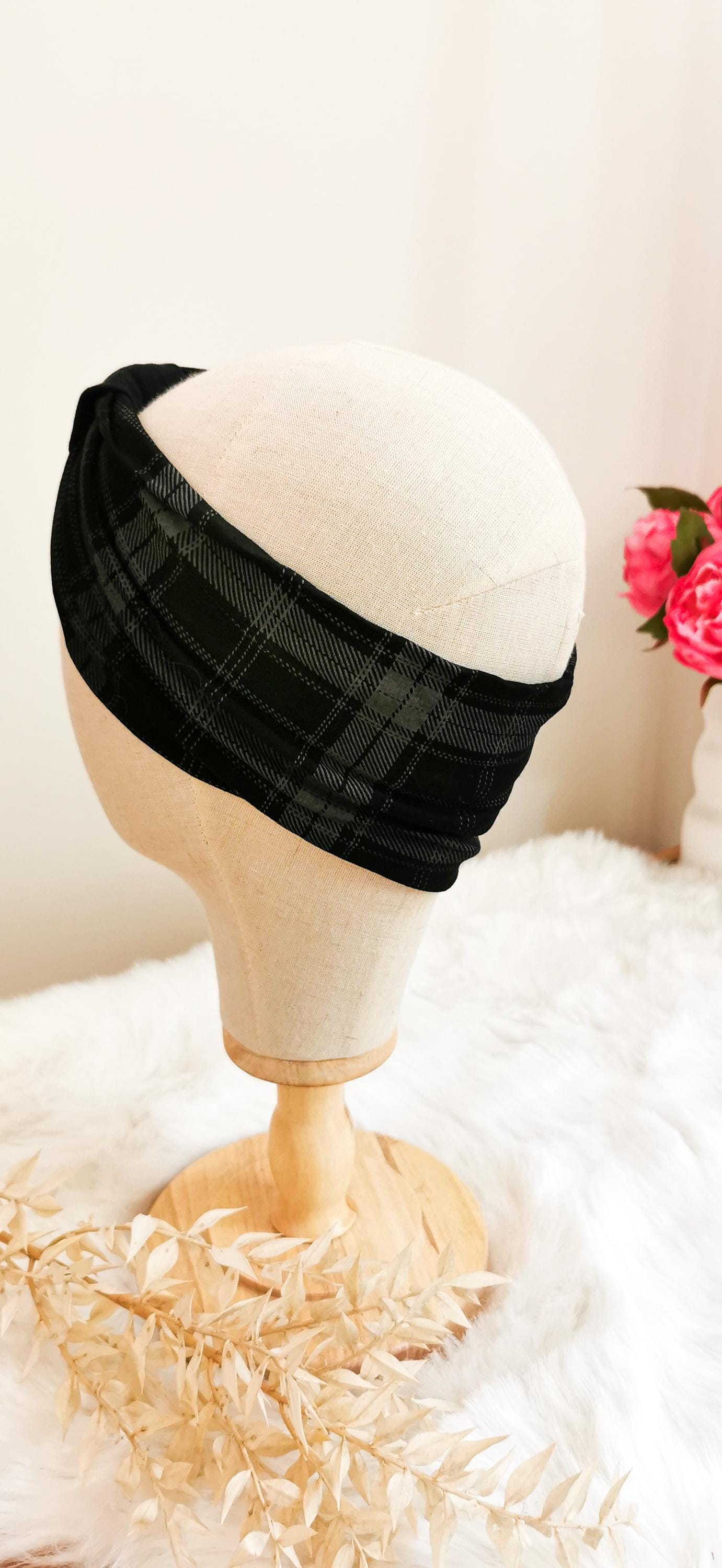 Elastisches Turban Stirnband Grau/Schwarz Kariert