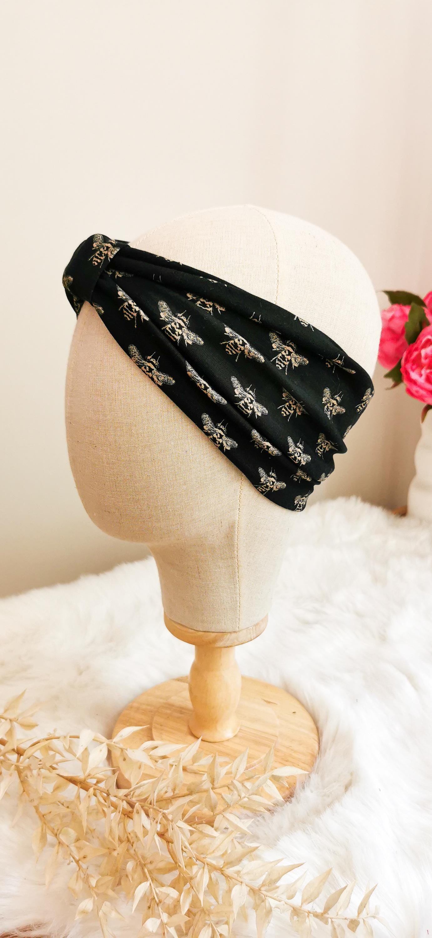 Kuscheliges Retro Turban Stirnband Schwarz/Gold Bienen