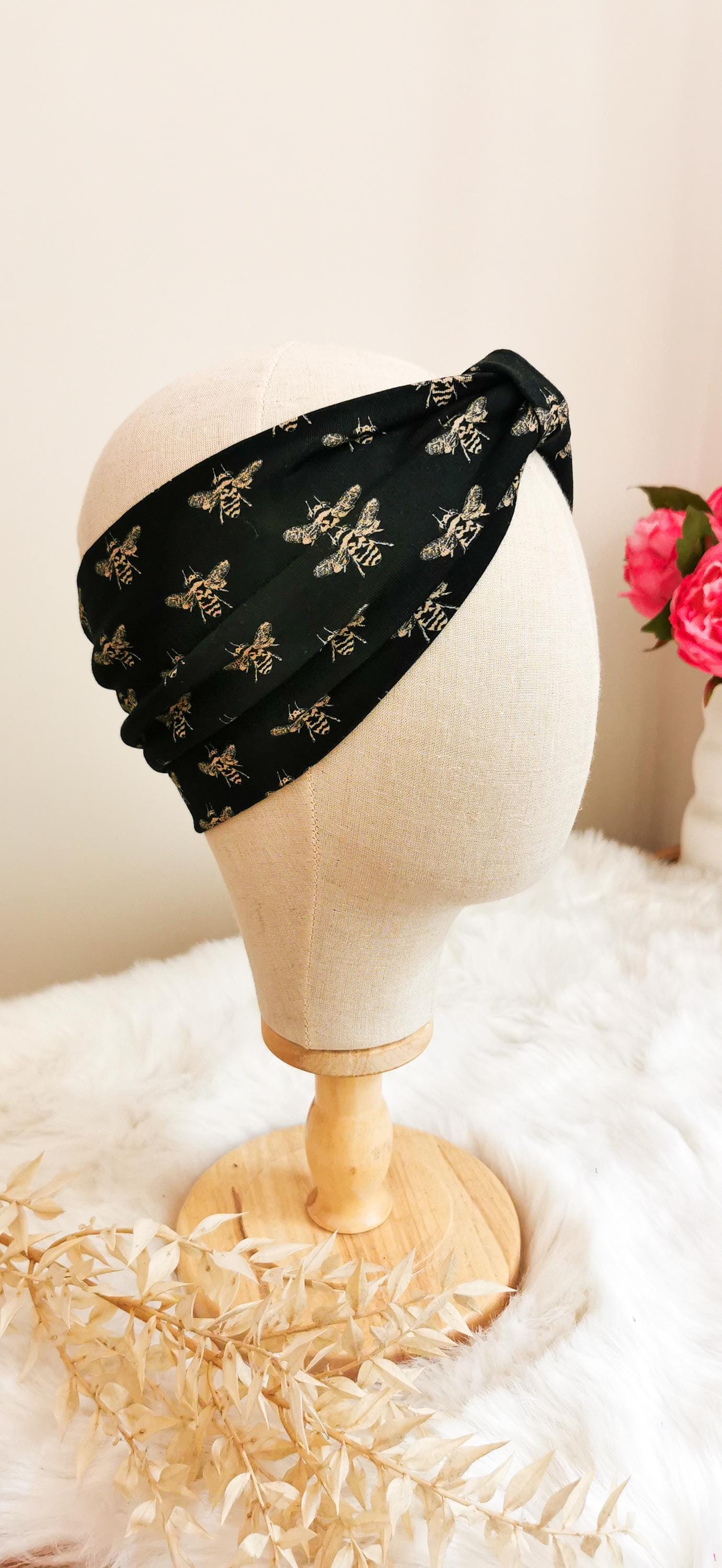 Kuscheliges Retro Turban Stirnband Schwarz/Gold Bienen