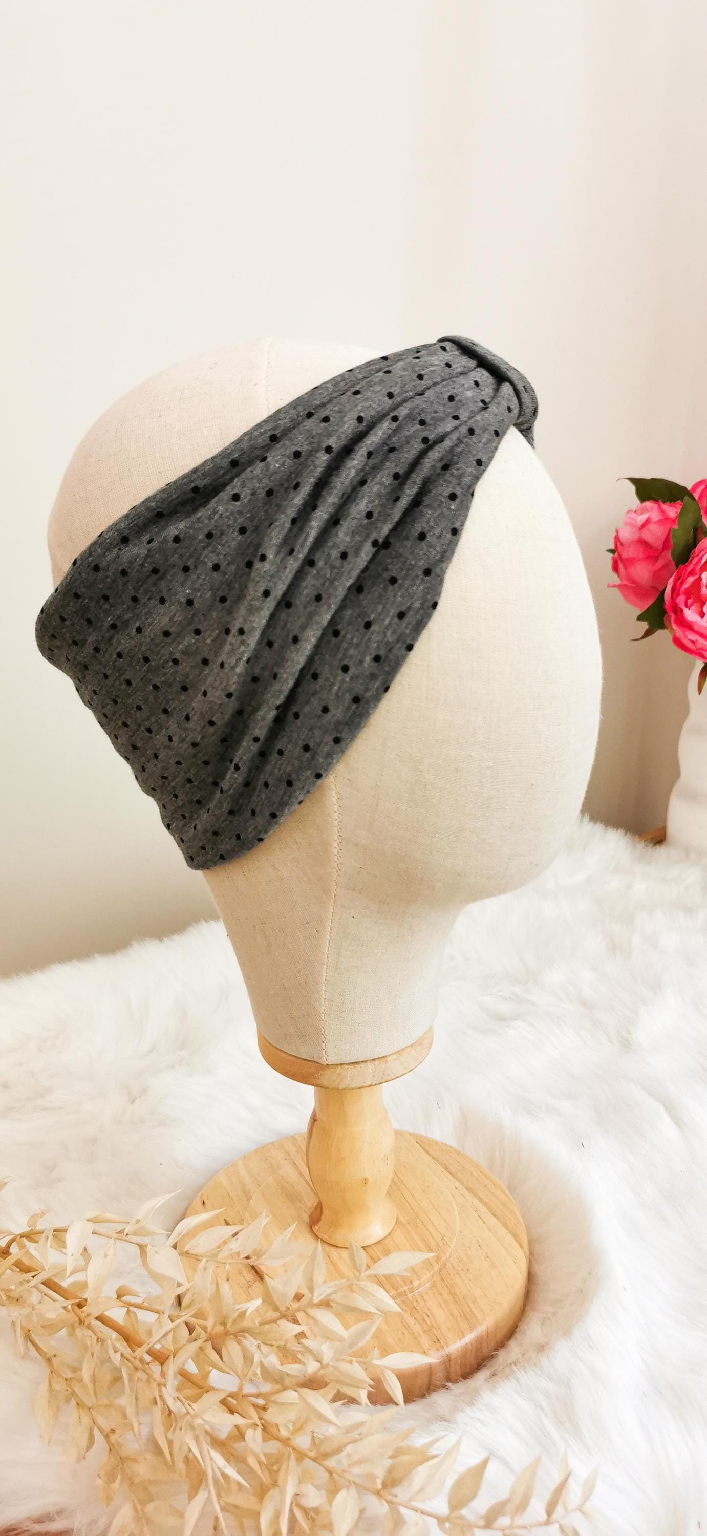 Schlichtes Retro Turban Stirnband Polkadots Grau/Schwarz