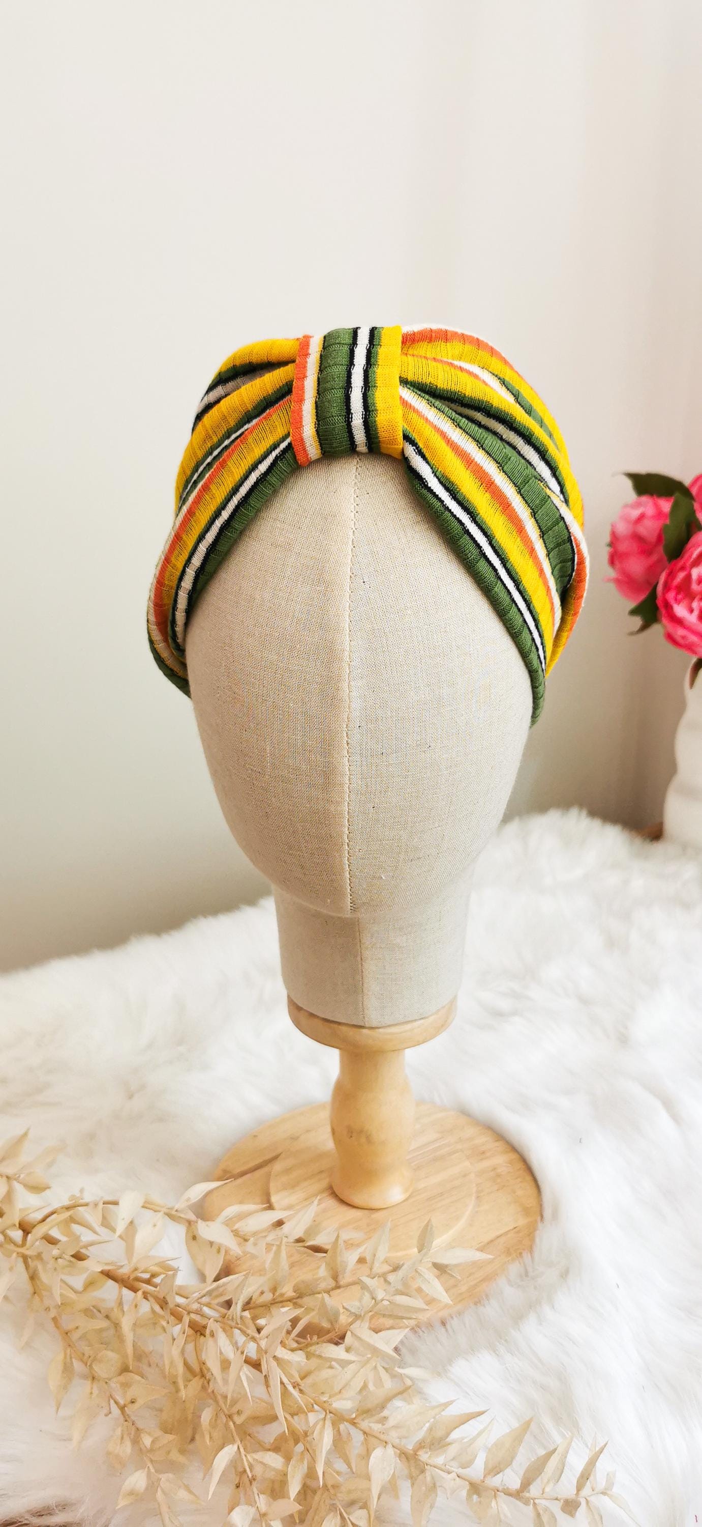 70s Streifen Turban Stirnband Orange/Grün/Weiß Strick