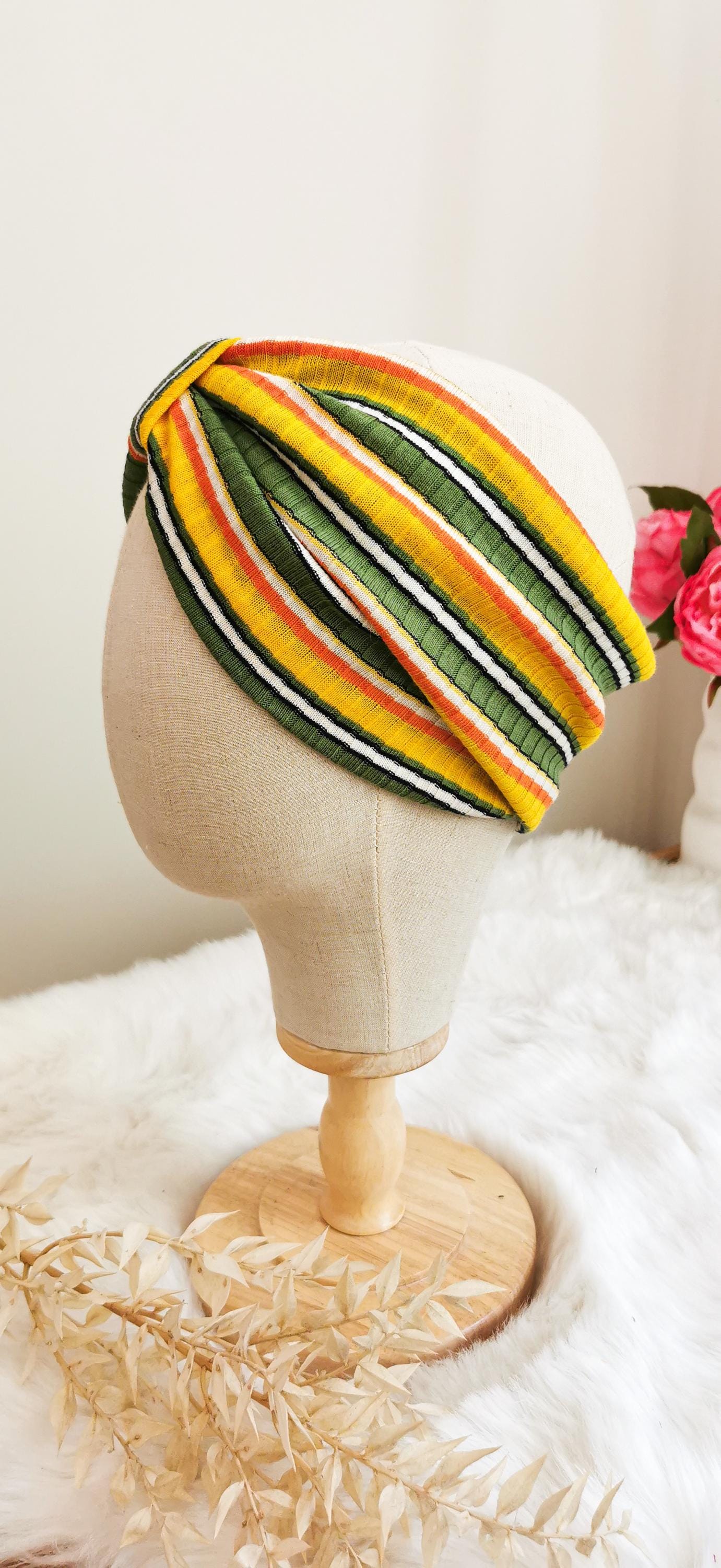 70s Streifen Turban Stirnband Orange/Grün/Weiß Strick