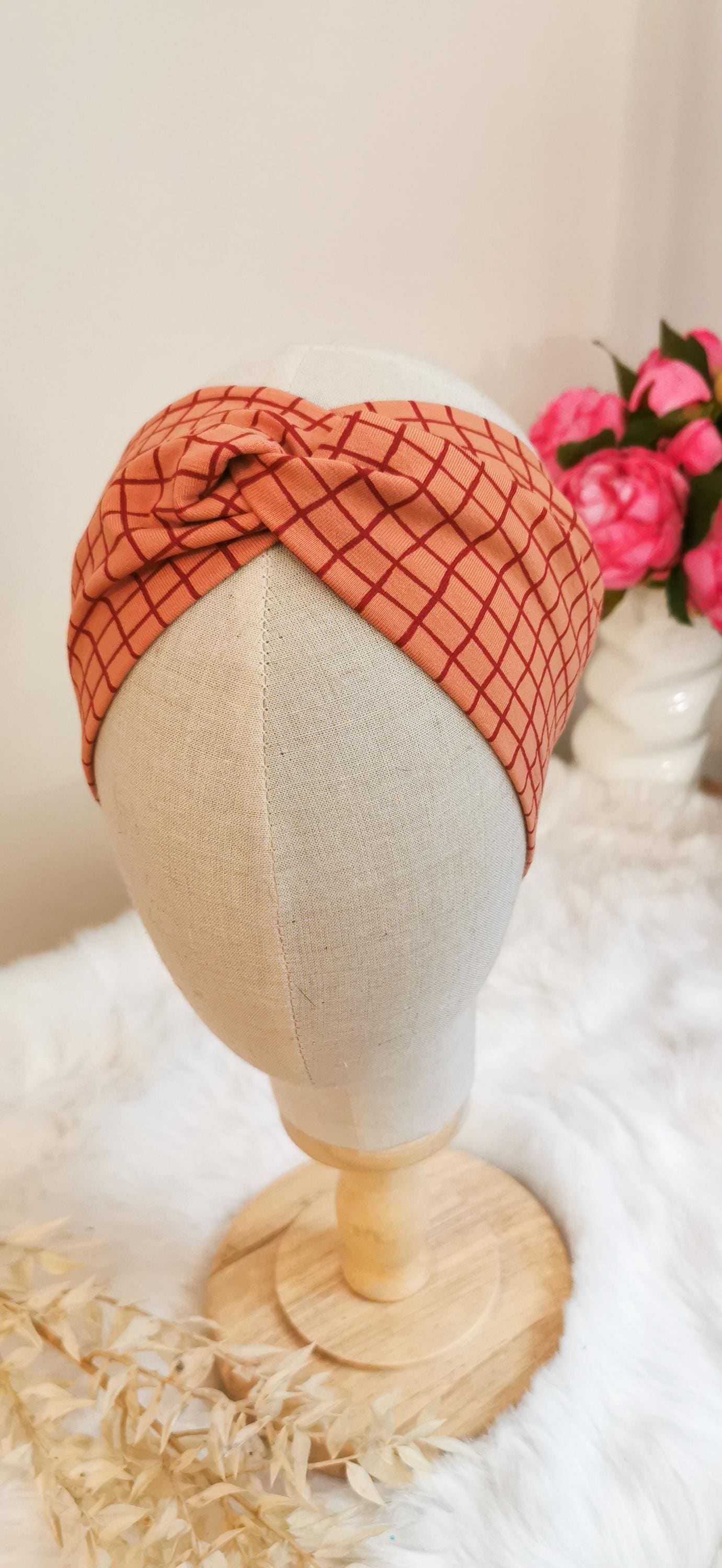 Weiches Retro Turban Stirnband Weiß/Schwarz kariert