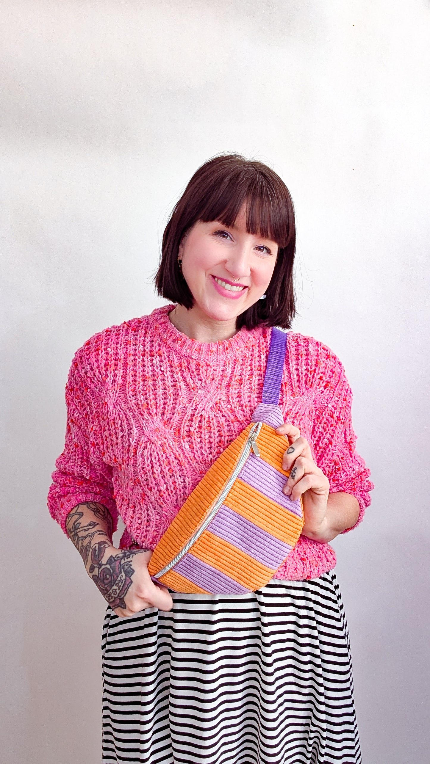 Cord Hipbag Bauchtasche Patchwork Streifen Tulip Bag Flieder/Orange