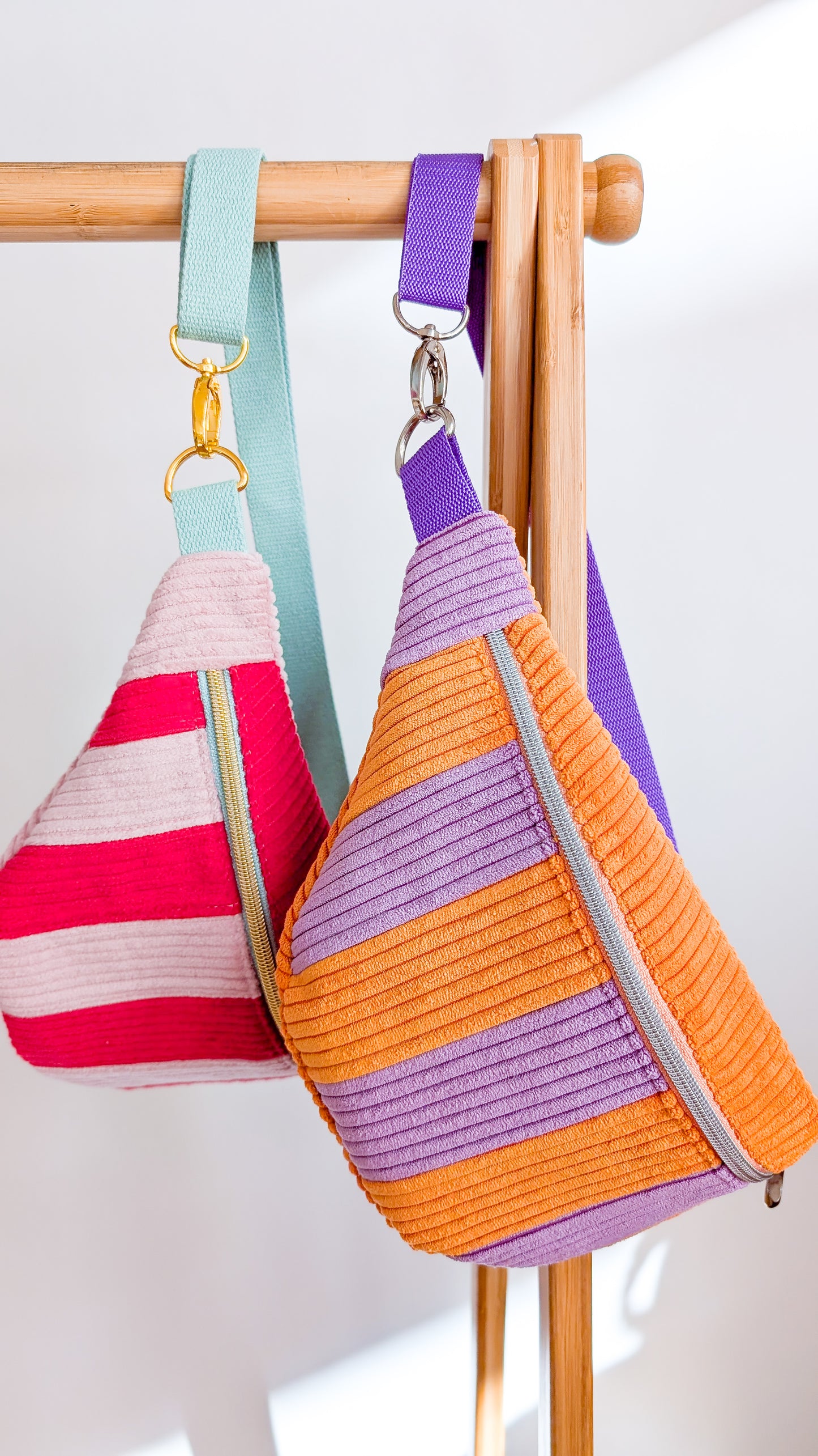 Cord Hipbag Bauchtasche Patchwork Streifen Tulip Bag Flieder/Orange