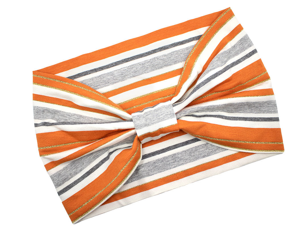 BELLA_40 Turban Stirnband Orange/Grau Lurex Streifen