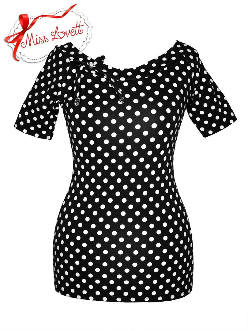 SALE | MADDY_08 Baseball Raglan Rockabilly Shirt Big Dots SCHWARZ