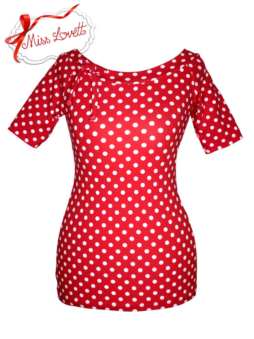 SALE | MADDY_11 Baseball Raglan Rockabilly Shirt Big Dots ROT