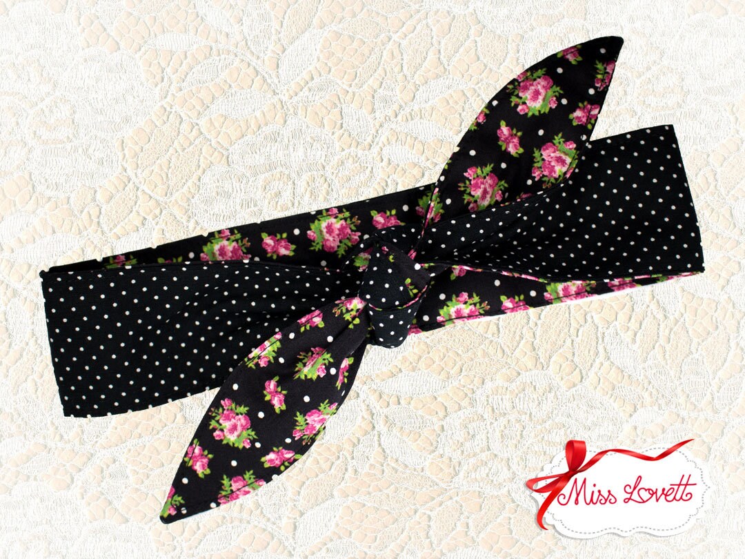 MAE_90 Rockabilly Haarband zum Wenden 2-in-1 Polkadots & Pinke Rosen