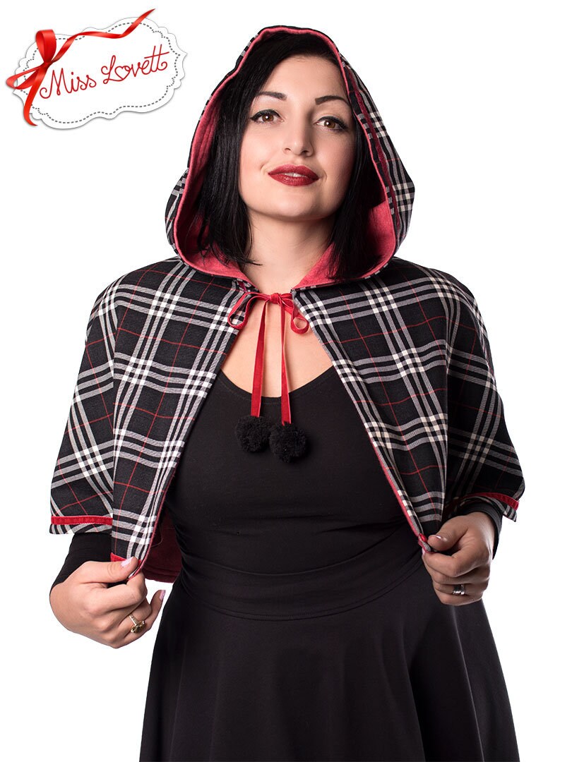 SALE | CANDICE_03 Kurzes Kapuzen Cape schwarz/rot TARTAN