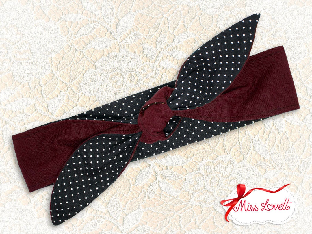 MAE Rockabilly Haarband zum Wenden BORDEAUX Polkadots