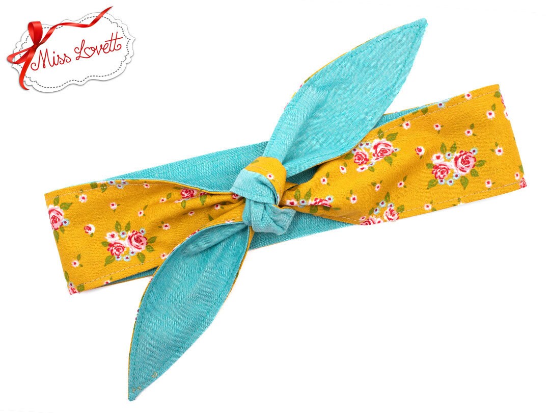 Rockabilly Haarband Vintage Blumen Senfgelb Blau Rot