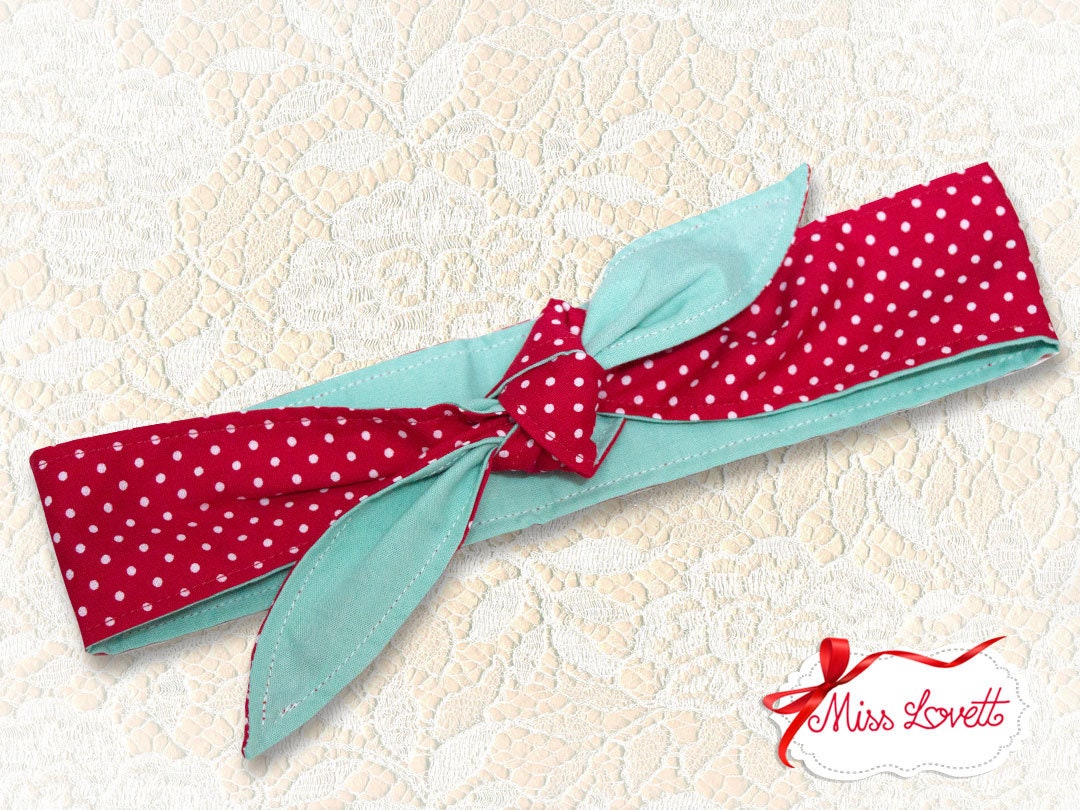 MAE_89 Rockabilly Haarband zum Wenden 2-in-1 Mint/Rot Polkadots