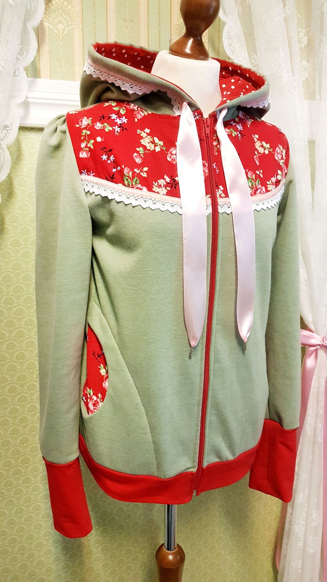 JACKIE_06 Blumen & Dots CORD Zipper Hoodie Jacke GRÜN - UNIKAT | M