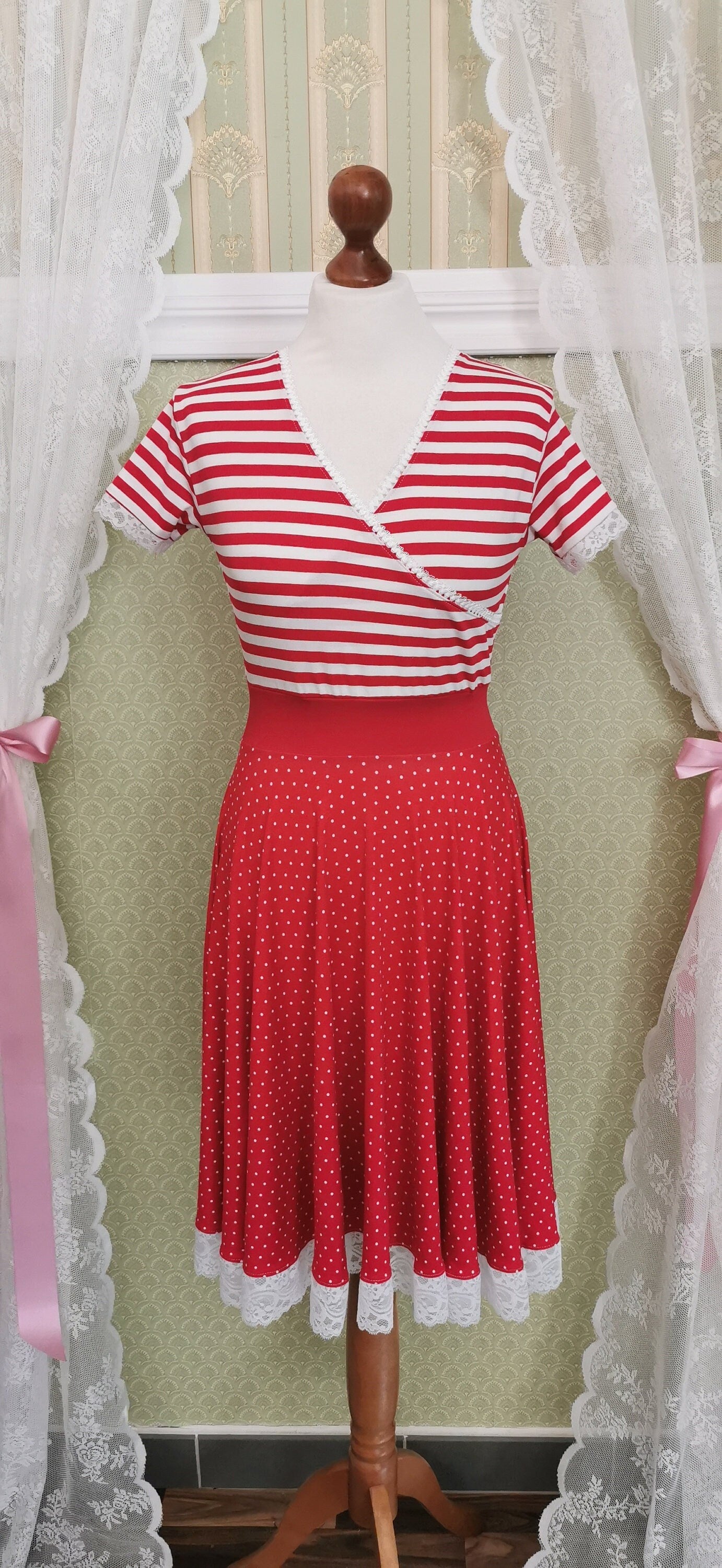 SALE | ANNEMARIE_D07 Maritimes Rockabilly Swing Wickelkleid STREIFEN & PUNKTE Rot