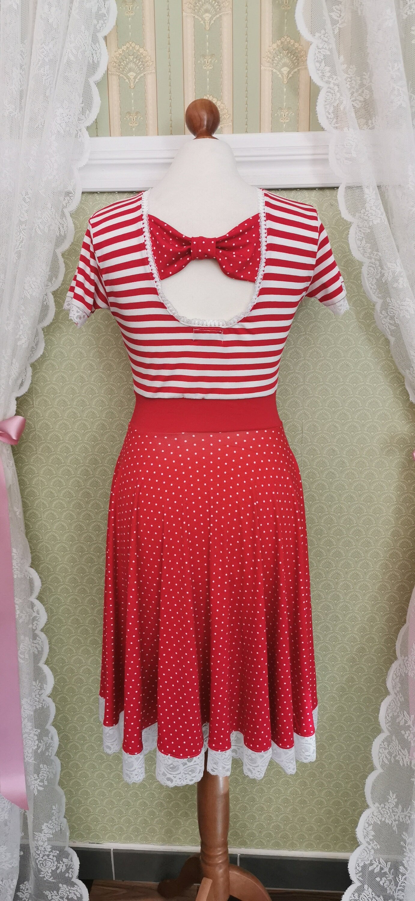 SALE | ANNEMARIE_D07 Maritimes Rockabilly Swing Wickelkleid STREIFEN & PUNKTE Rot