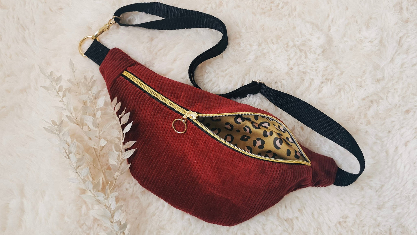 Corduroy Hipbag Patchwork Fanny Pack Crossbody Bag BURGUNDY/Leopard