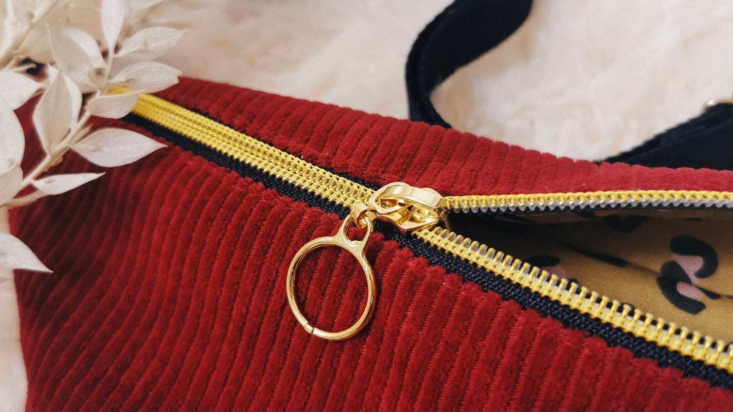 Corduroy Hipbag Patchwork Fanny Pack Crossbody Bag BURGUNDY/Leopard
