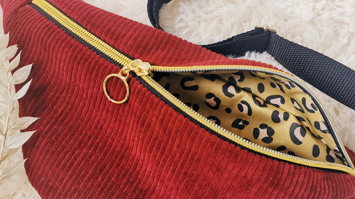 Corduroy Hipbag Patchwork Fanny Pack Crossbody Bag BURGUNDY/Leopard