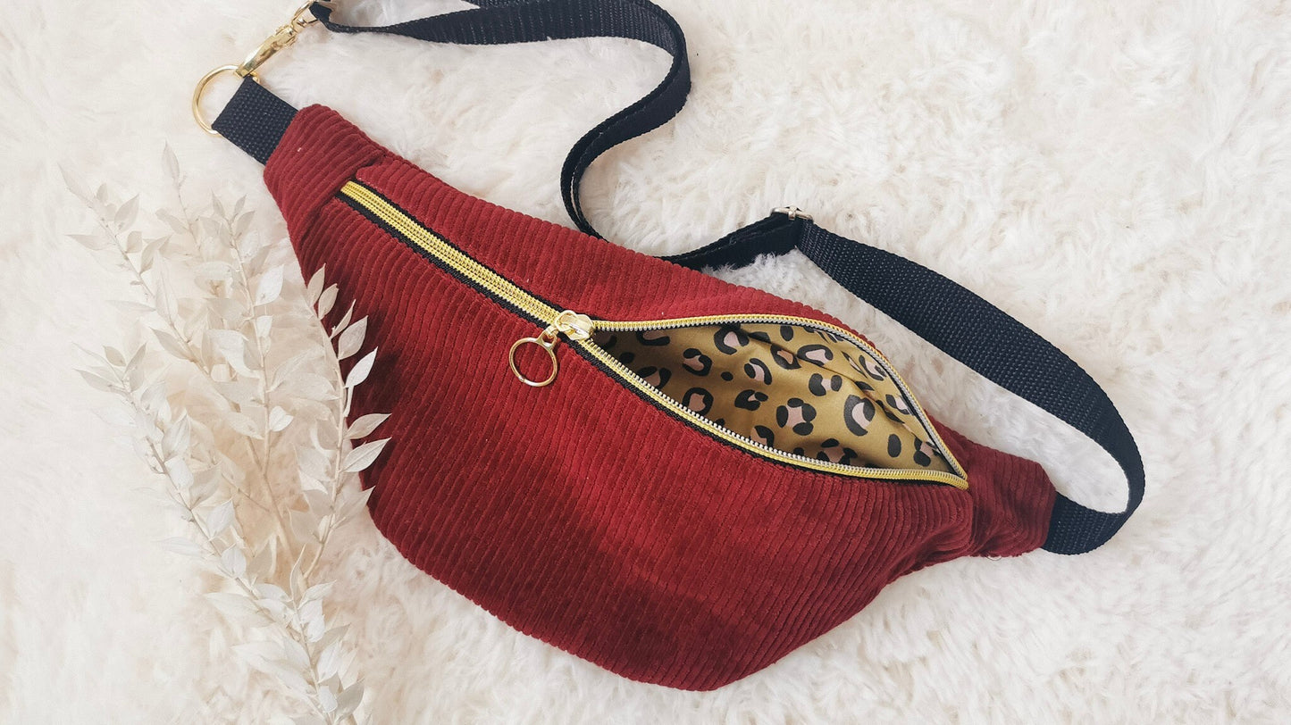 Corduroy Hipbag Patchwork Fanny Pack Crossbody Bag BURGUNDY/Leopard