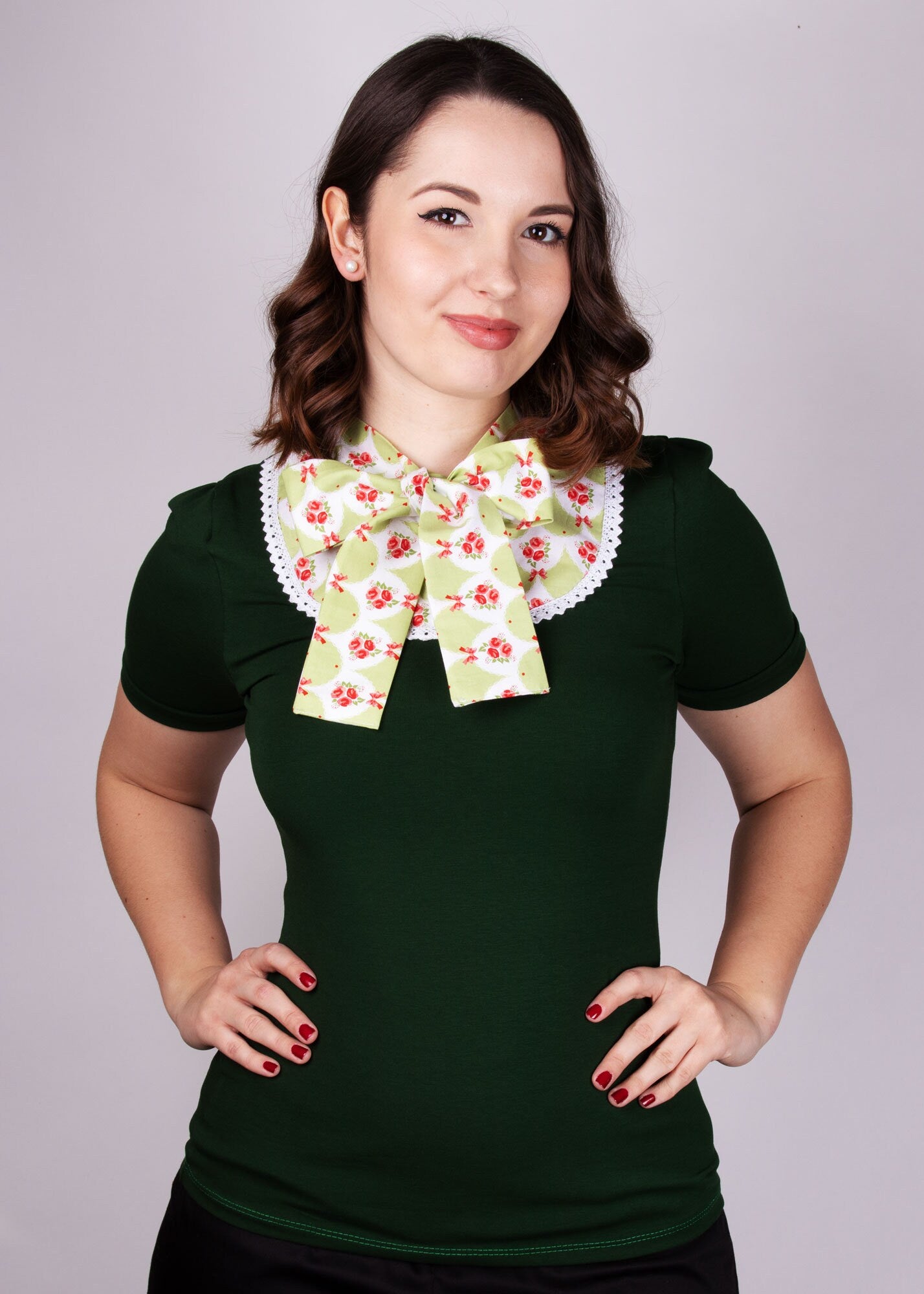 ZOEY_10 Rockabilly Schlupp-Shirt Dunkelgrün/Rot Rosen S