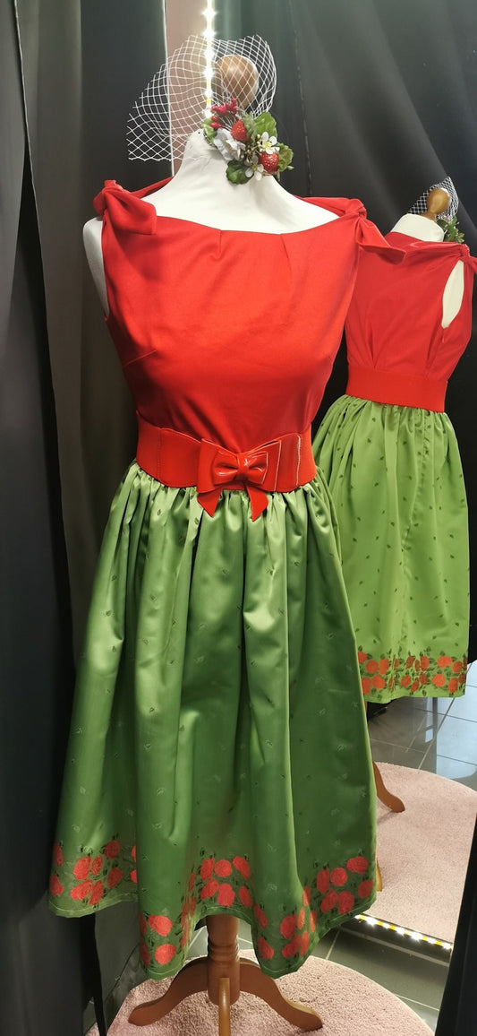 MAISIE_16 50s Swing Dirndl Kleid Rot/Grün Rosen mit Taschen | L