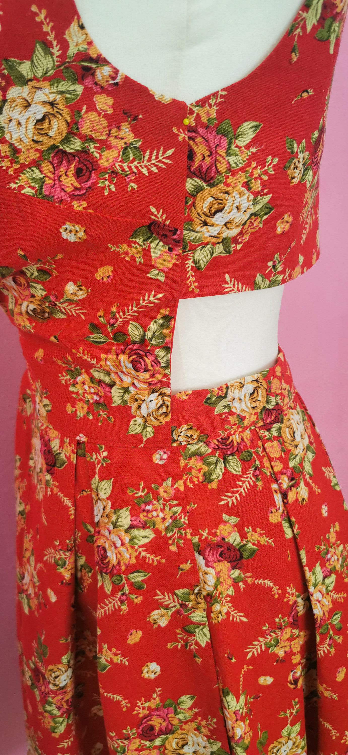 LANA_01 Leinenkleid mit Taschen 50s Rockabilly Red Roses | L