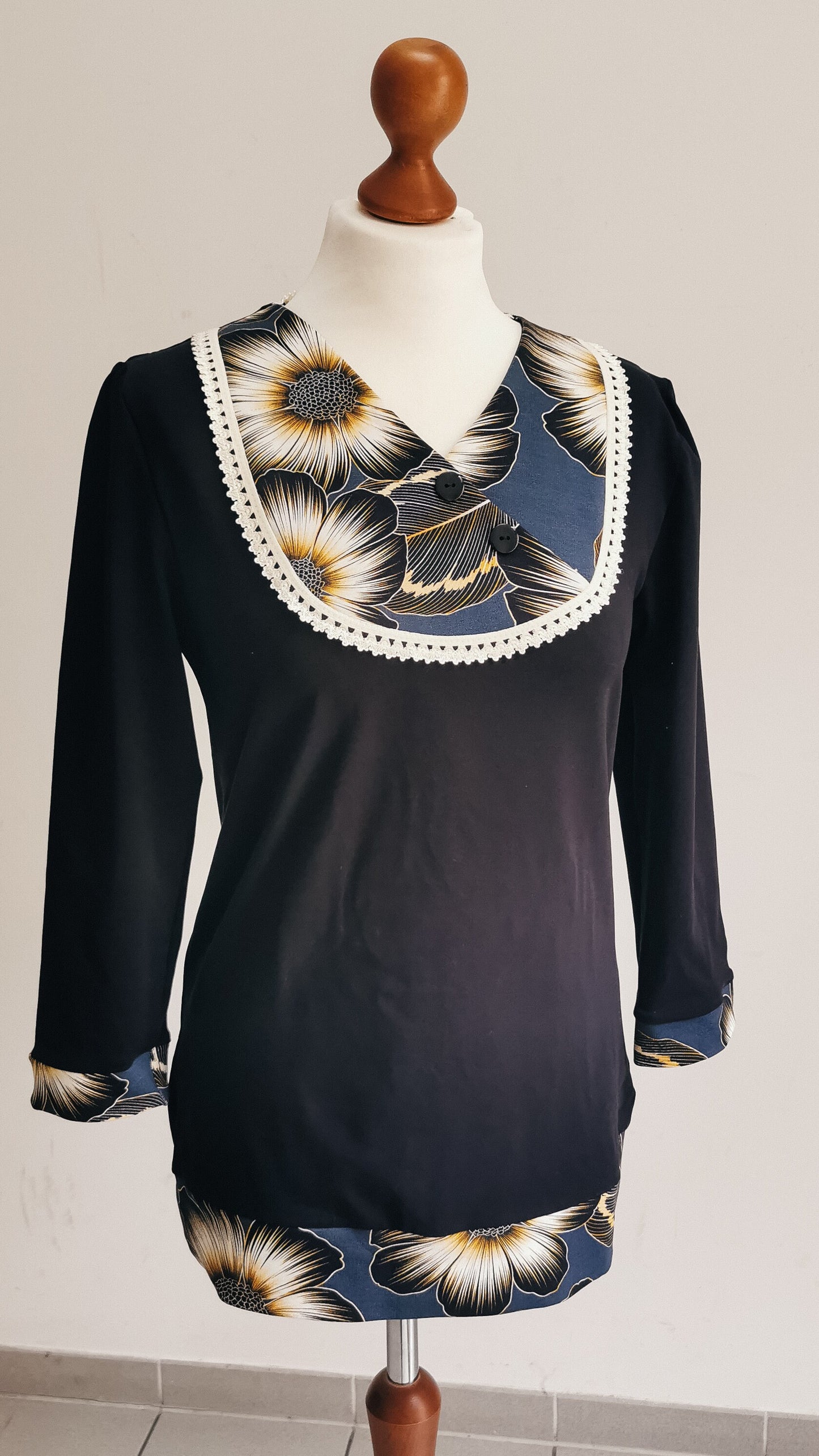 SOPHIE_21 Rockabilly Longsleeve Blumen Petrol/Gold Schwarz Shirt