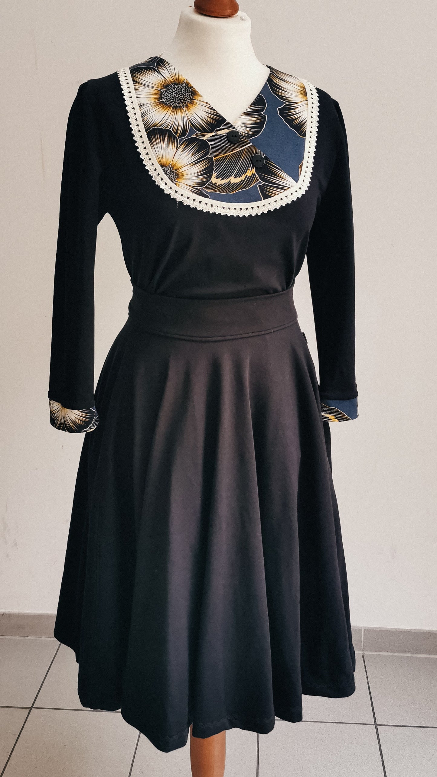 SOPHIE_21 Rockabilly Longsleeve Blumen Petrol/Gold Schwarz Shirt