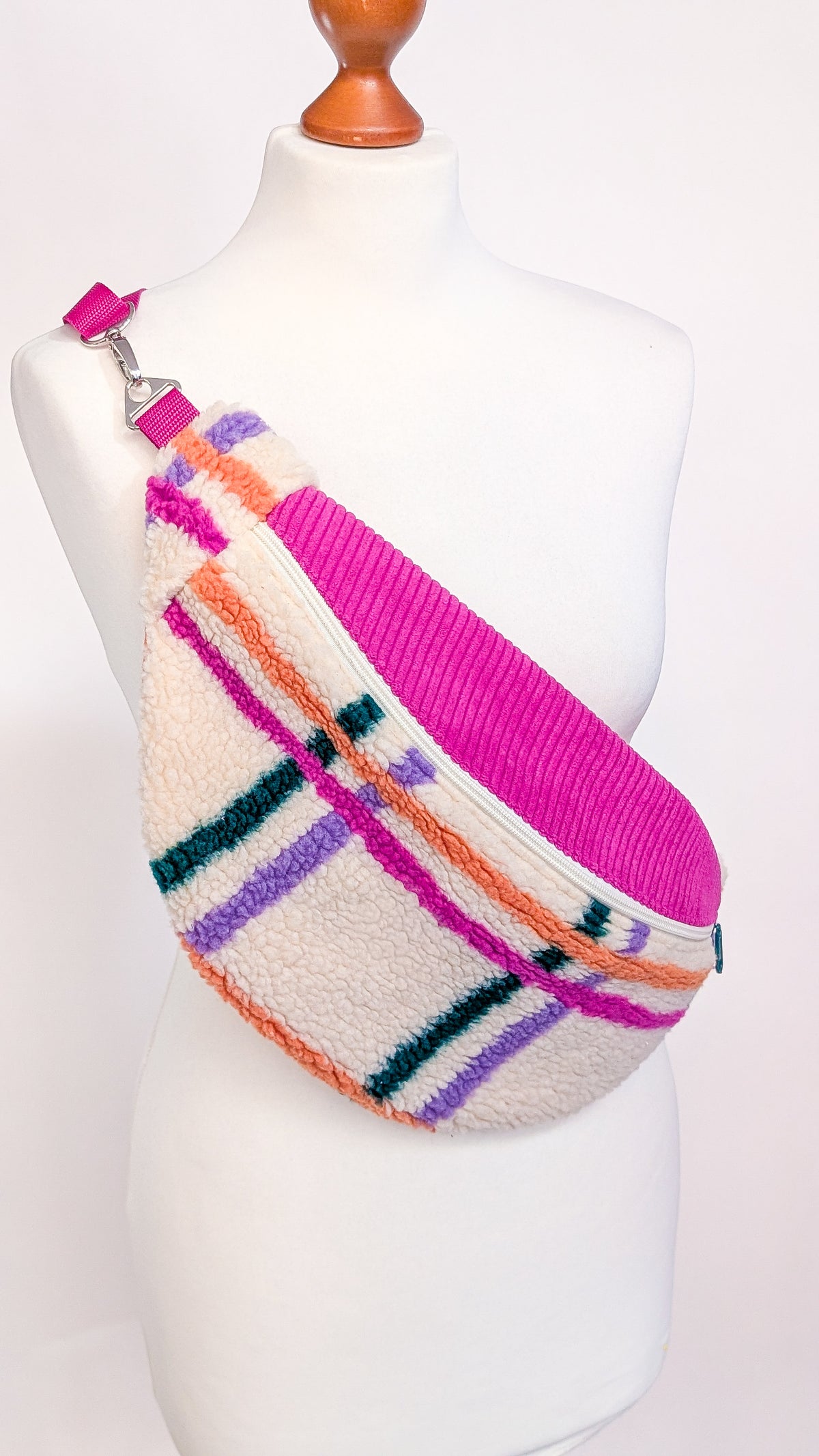Große XL Umhängetasche Bunte Teddy Plüsch Cord Tasche Kariert Pink Creme Grün Orange
