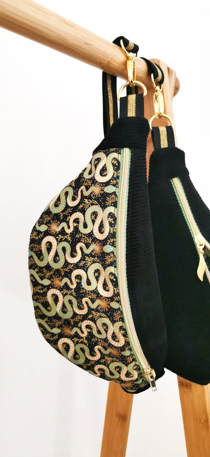 Schwarze Cord Hipbag Bauchtasche Cross Body Bag Schlangen Gold - Limitiert