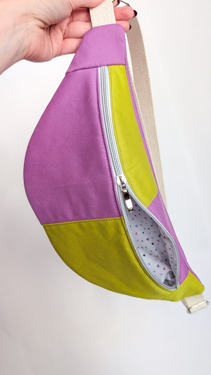 Bunte Colorblock Bauchtasche Cross Body Bag Lavendel + Chartreuse Innenfutter
