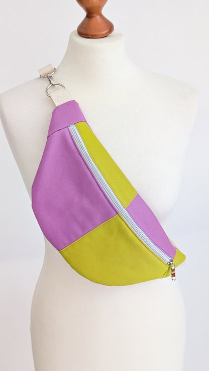 Bunte Colorblock Bauchtasche Cross Body Bag Lavendel + Chartreuse